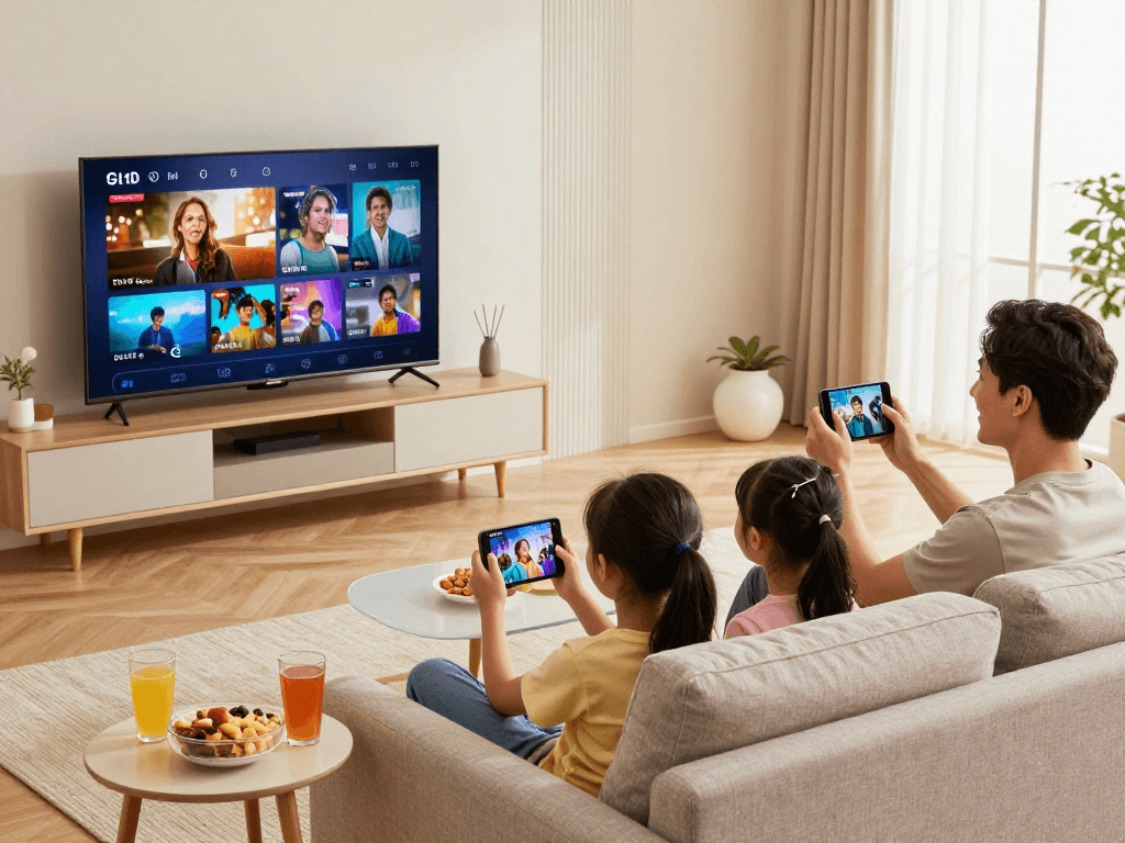Une famille profitant de l'abonnement Atlas Pro sur leur Smart TV dans un salon moderne et accueillant.