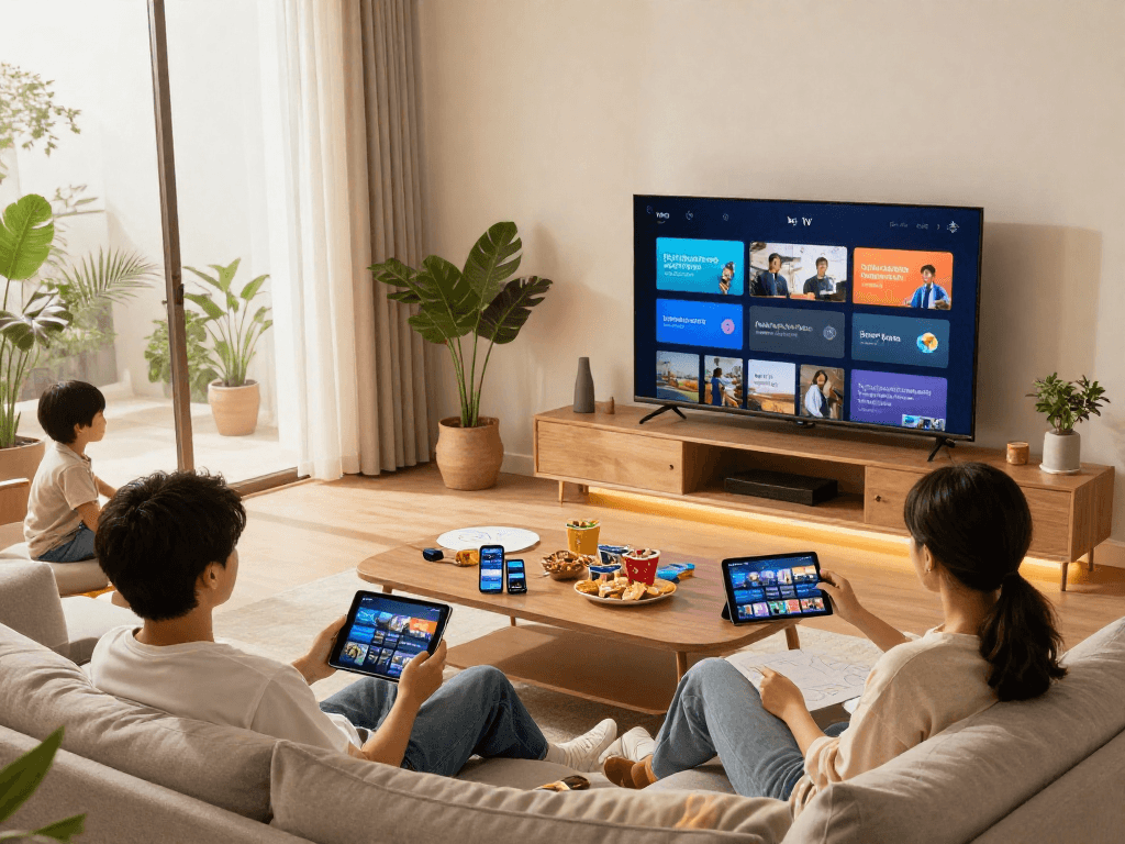 Regardez Iron TV dans un salon moderne avec une famille réunie.