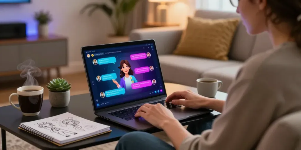Immersive NSFW AI chat experience with engaging characters in a cozy living room setting.