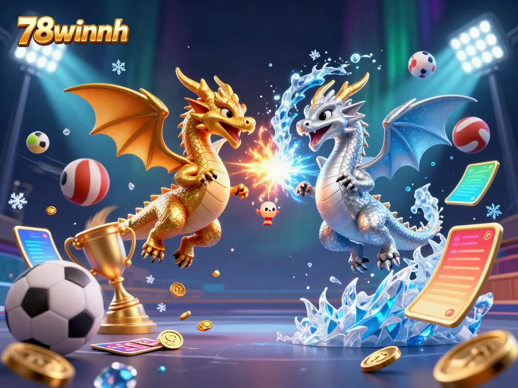 Engage with 78winnh in a dynamic scene featuring golden and silver dragons amidst sports elements and glowing effects.