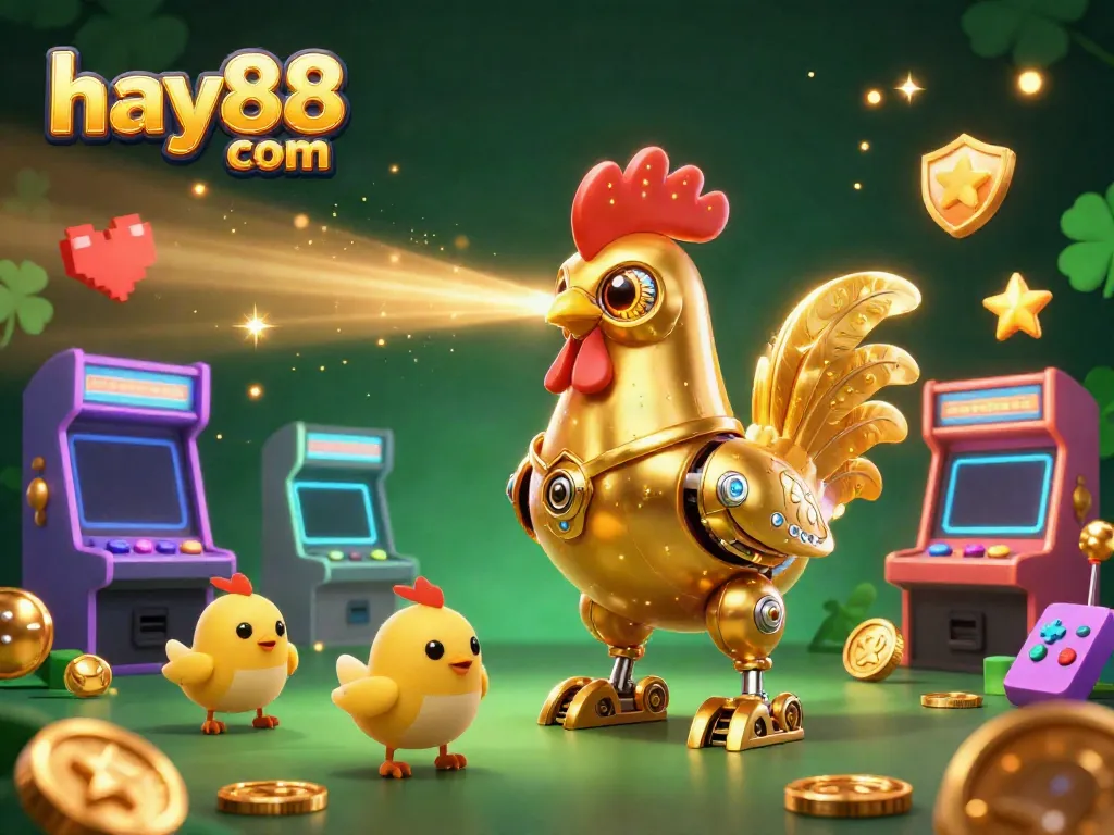 Engage in thrilling play at hay88 com, featuring a golden rooster robot and baby chick drones.