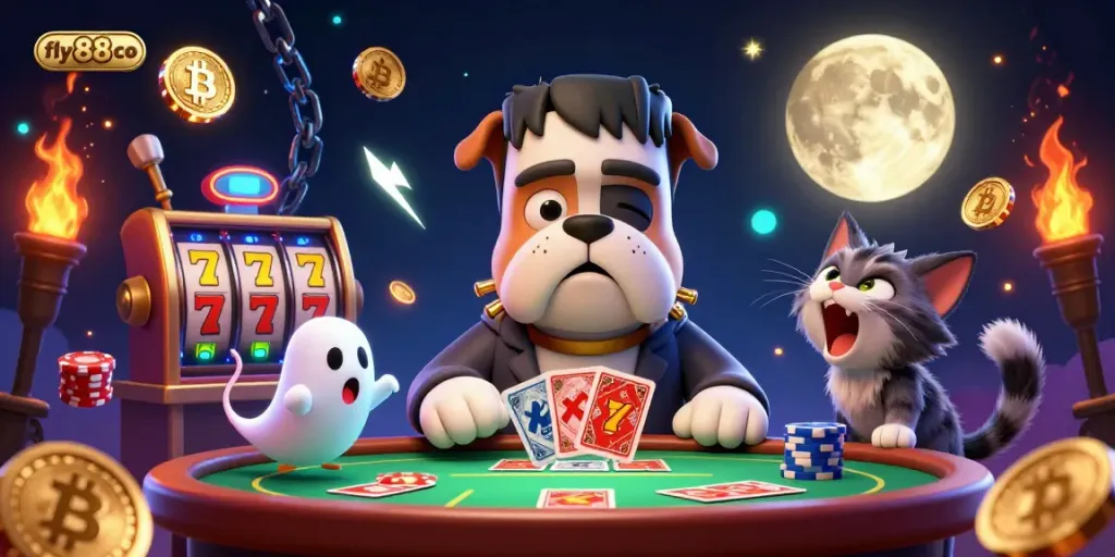 Experience thrilling gameplay at fly88co with a spooky casino scene featuring charming characters like a Frankenstein bulldog dealing cards.
