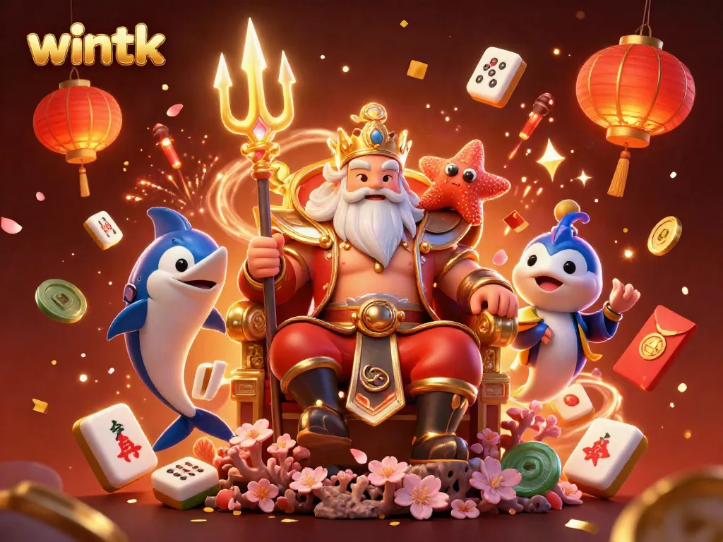 Experience the excitement of wintk with our animated casino scene featuring Neptune and vibrant game elements.
