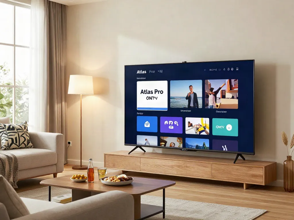 Interface de l'application Atlas Pro ONTV affichée sur une Smart TV dans un salon moderne