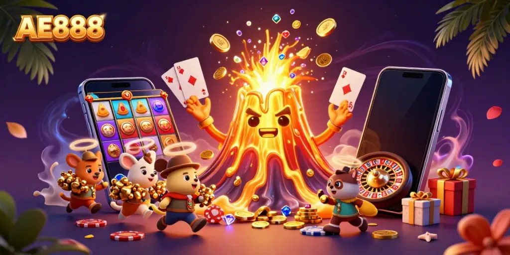 Experience the excitement of AE888 casino through a vibrant 3D illustration featuring a golden volcano and treasure-filled adventure.