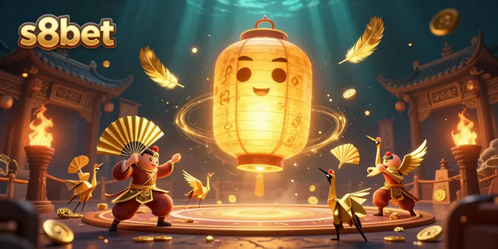 Engage in online gaming with s8bet, featuring a vibrant night market casino illustration with mythic elements.