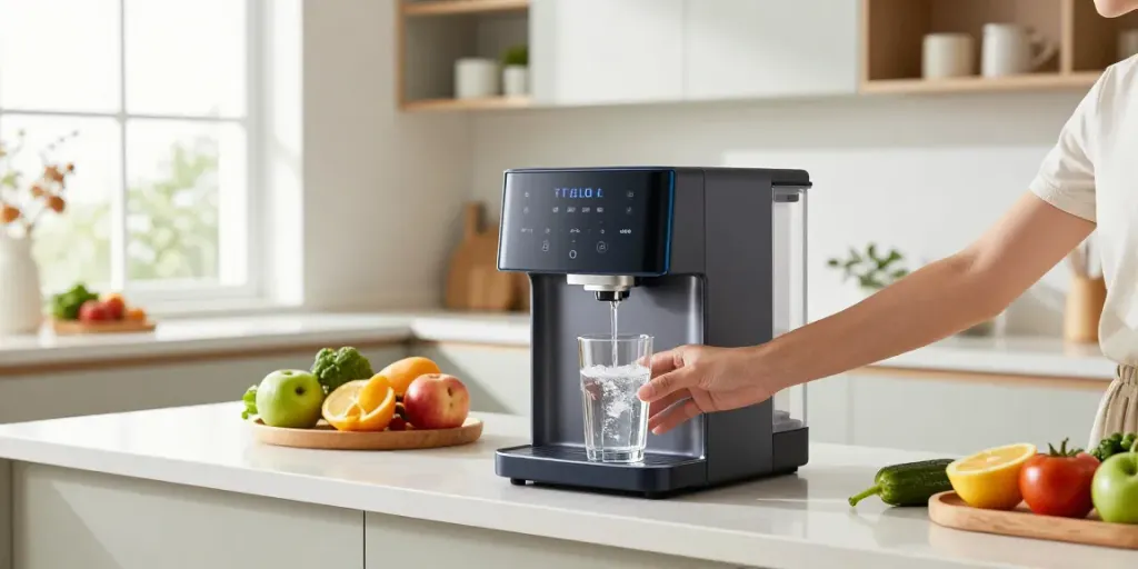 Distributeur d'eau à osmose inverse dans une cuisine moderne, démontrant la pureté de l'eau.