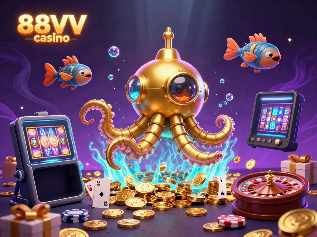 Engage in thrilling gameplay at 88VV casino with a vibrant underwater scene of a golden kraken and dynamic slot games.