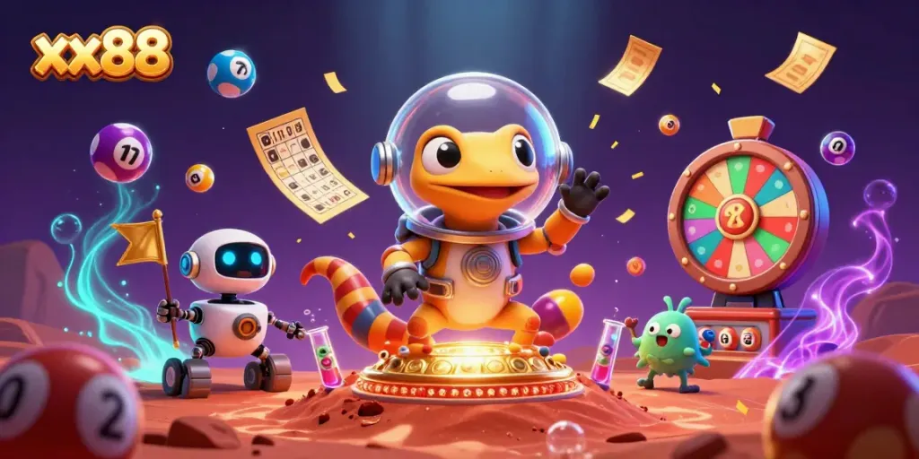 Experience the vibrant excitement of xx88 through a Martian gecko discovering a hidden casino on Mars.