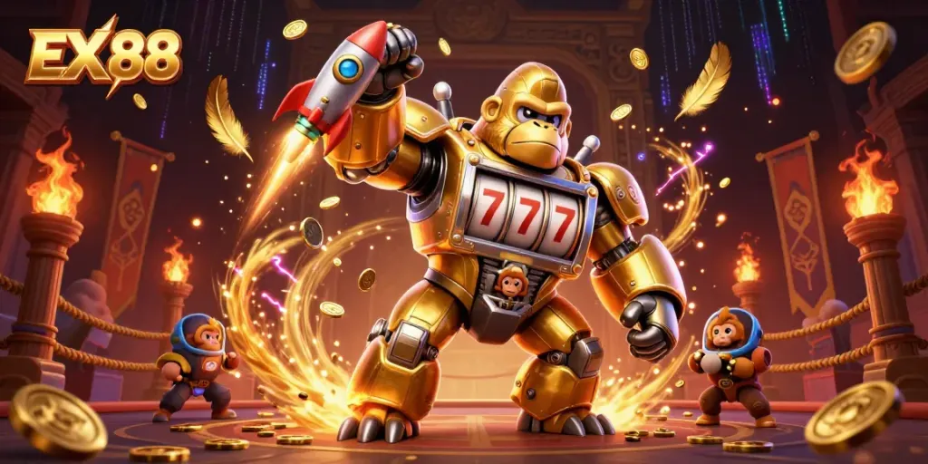 Engage with EX 88's golden gorilla mech powered action in a dynamic casino atmosphere.