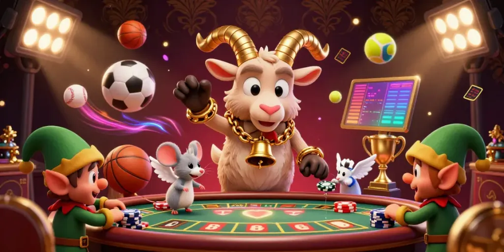 Experience the thrill of EX 88 with a dynamic casino scene featuring a festive Krampus goat managing chaos, sports elements, and gambling excitement.