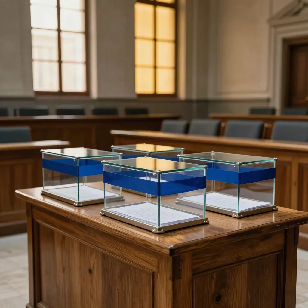 Salle du conseil de Marseille, urnes scellées et bancs vides sous une lumière chaude.
