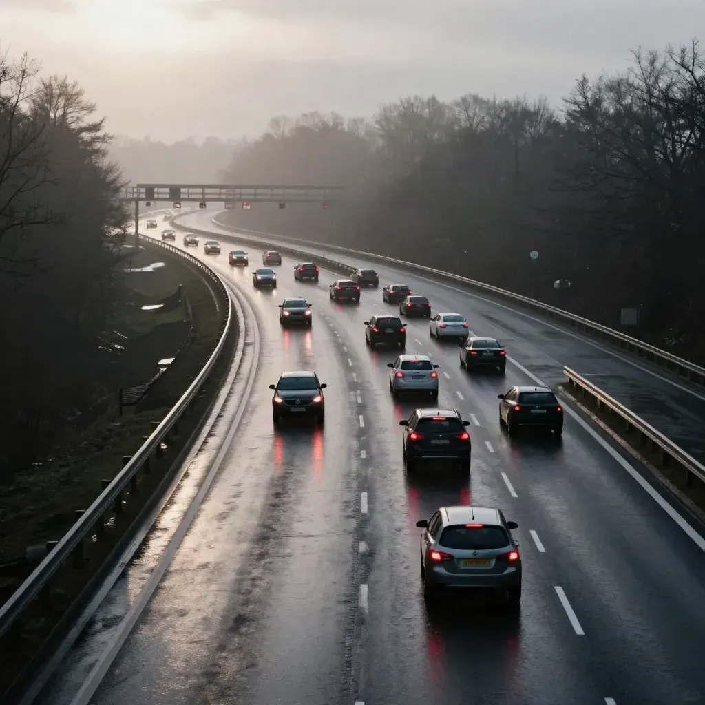 Trafic mouillé sur l’A9, voitures en file sous la pluie et traînées rouges.