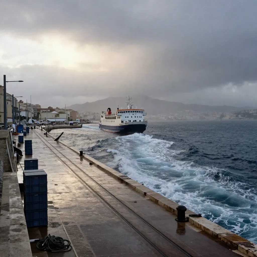 Port de Marseille au lever du jour, quais mouillés, caisses de marché et trace de ferry.