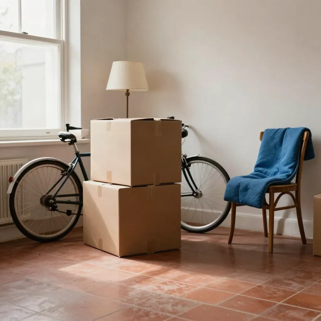 Coin d’appartement vide avec cartons, lampe sur pied et roue de vélo près d’une fenêtre lumineuse.
