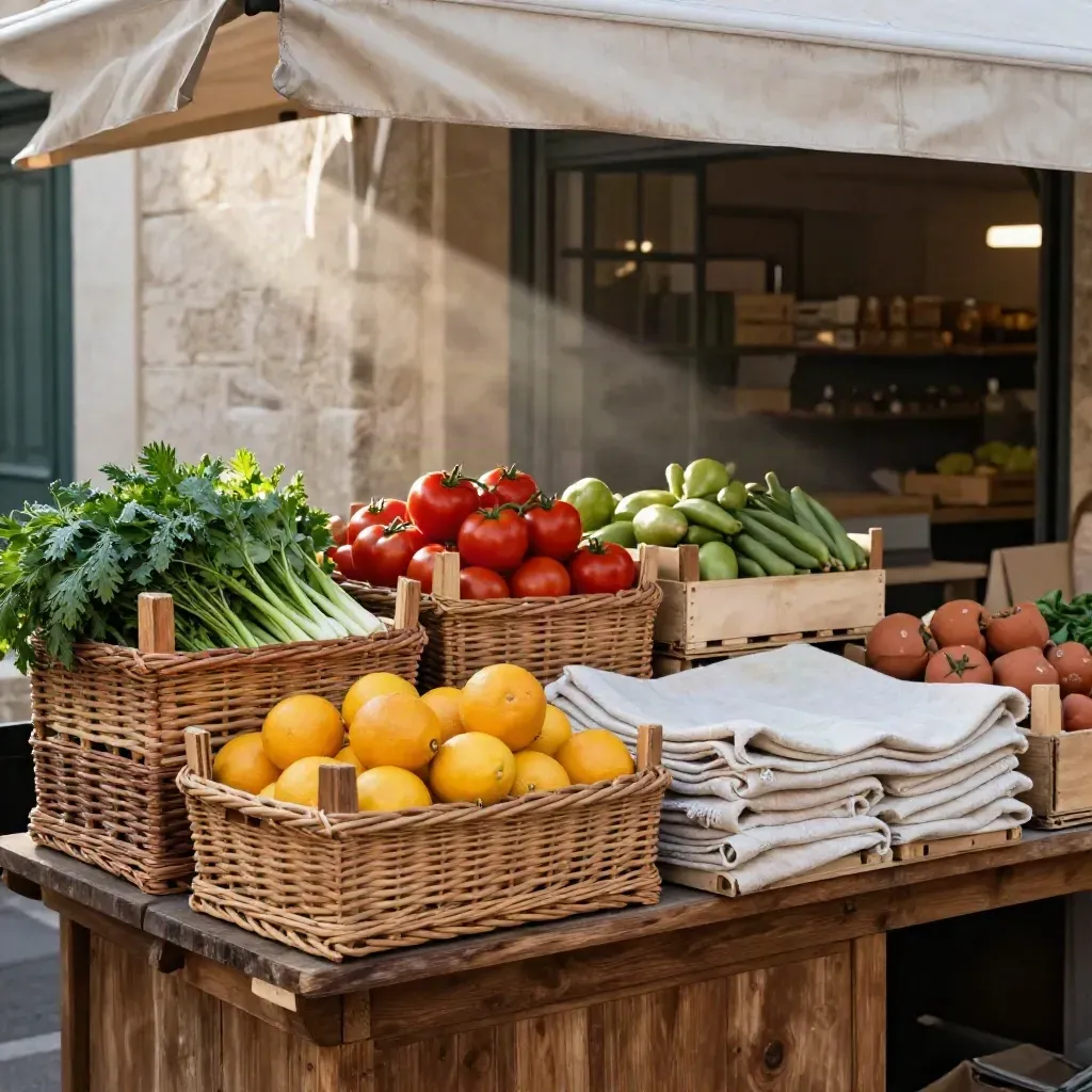 Étal de marché provençal au matin, cageots d’agrumes, tomates et herbes sous une bâche en lin.