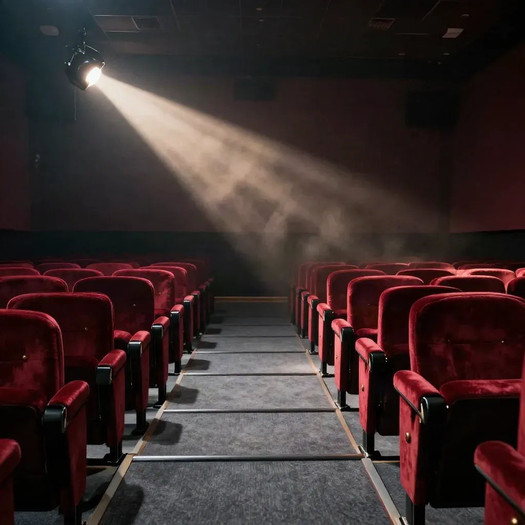 Salle de cinéma vide, faisceau de projecteur dans la poussière, fauteuils en velours rouge.