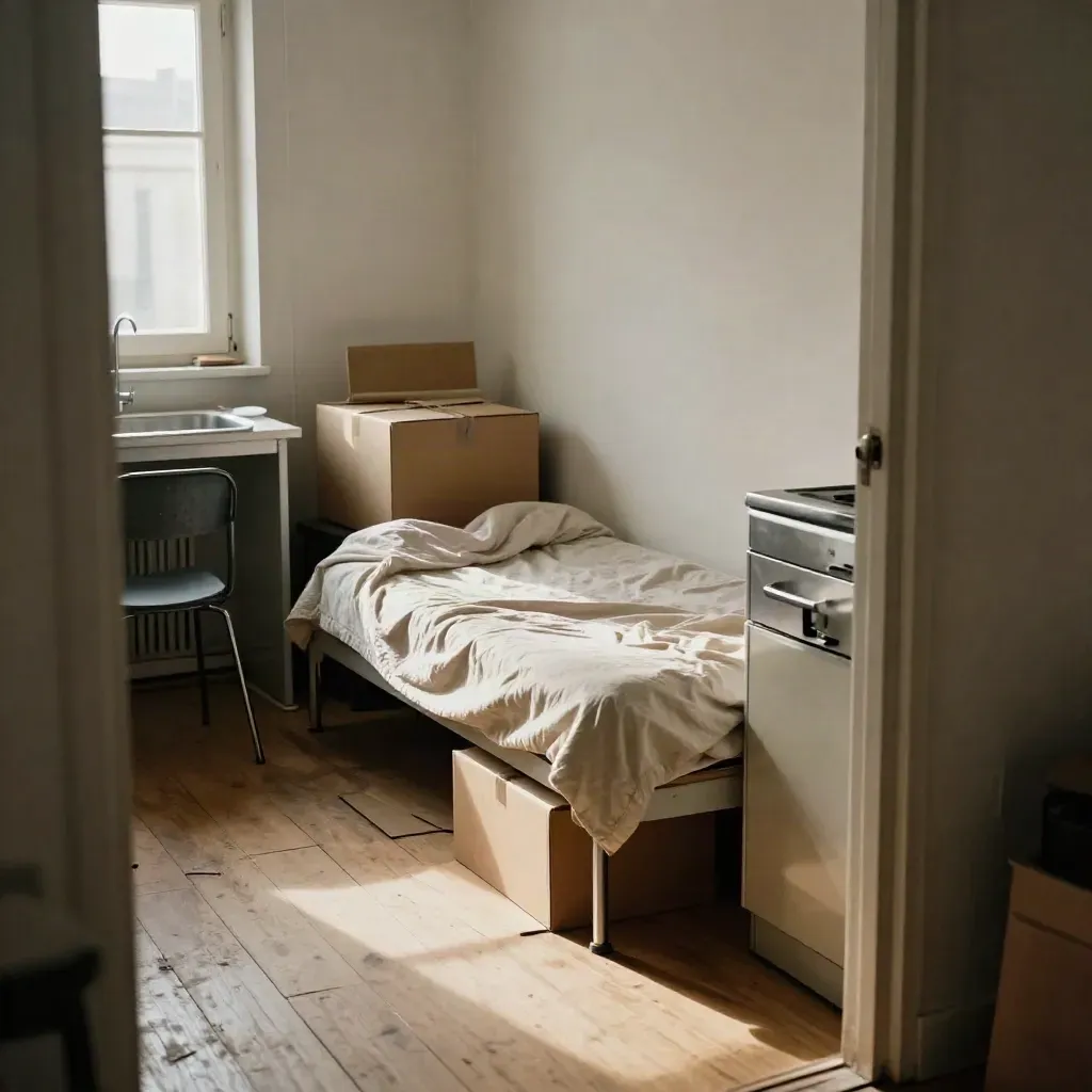 Studio montpelliérain exigu avec kitchenette, lit étroit et cartons sous une lumière de fin d’après-midi.
