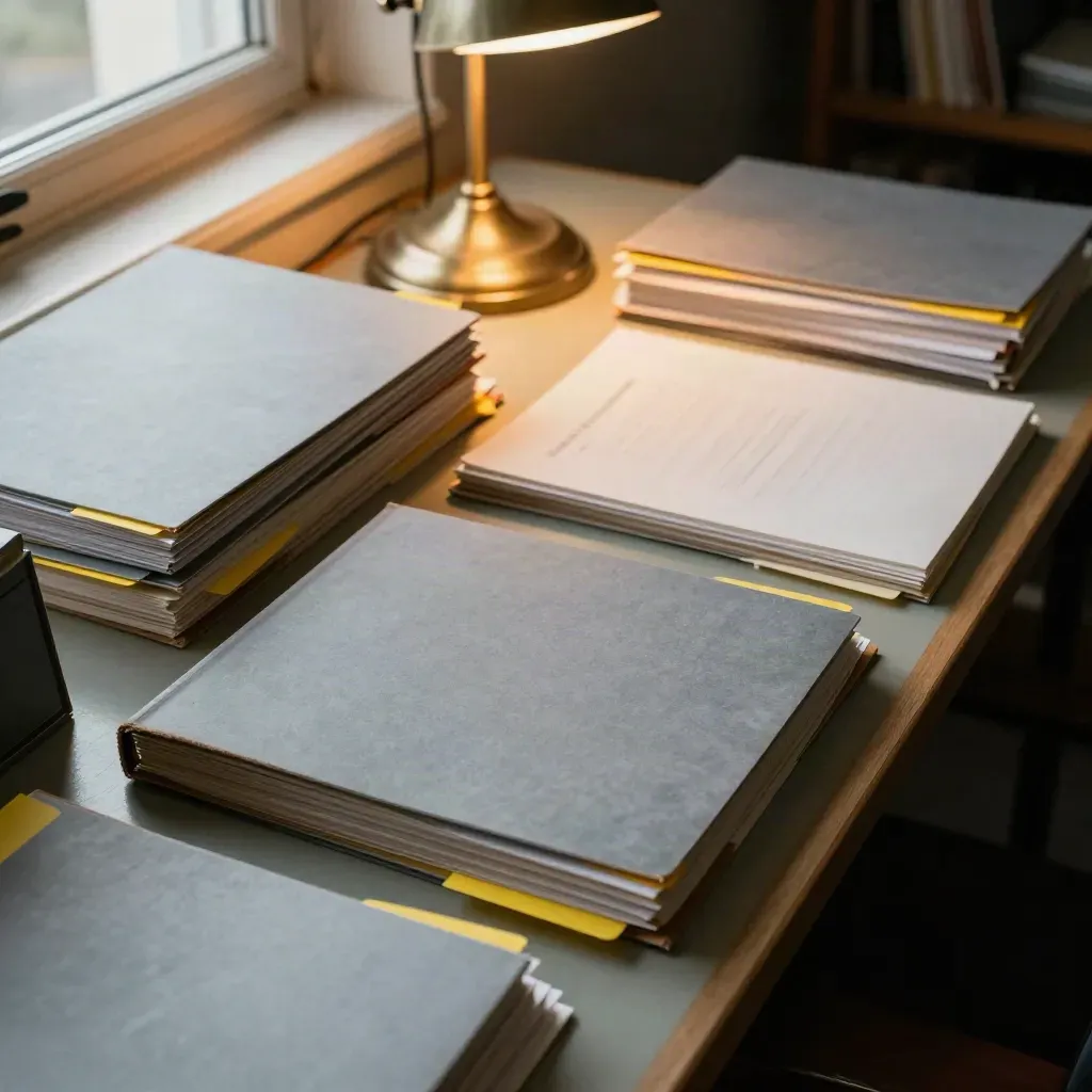 Fichiers de rédaction fermés sur une table, sous une lampe chaude, vus en plongée oblique.