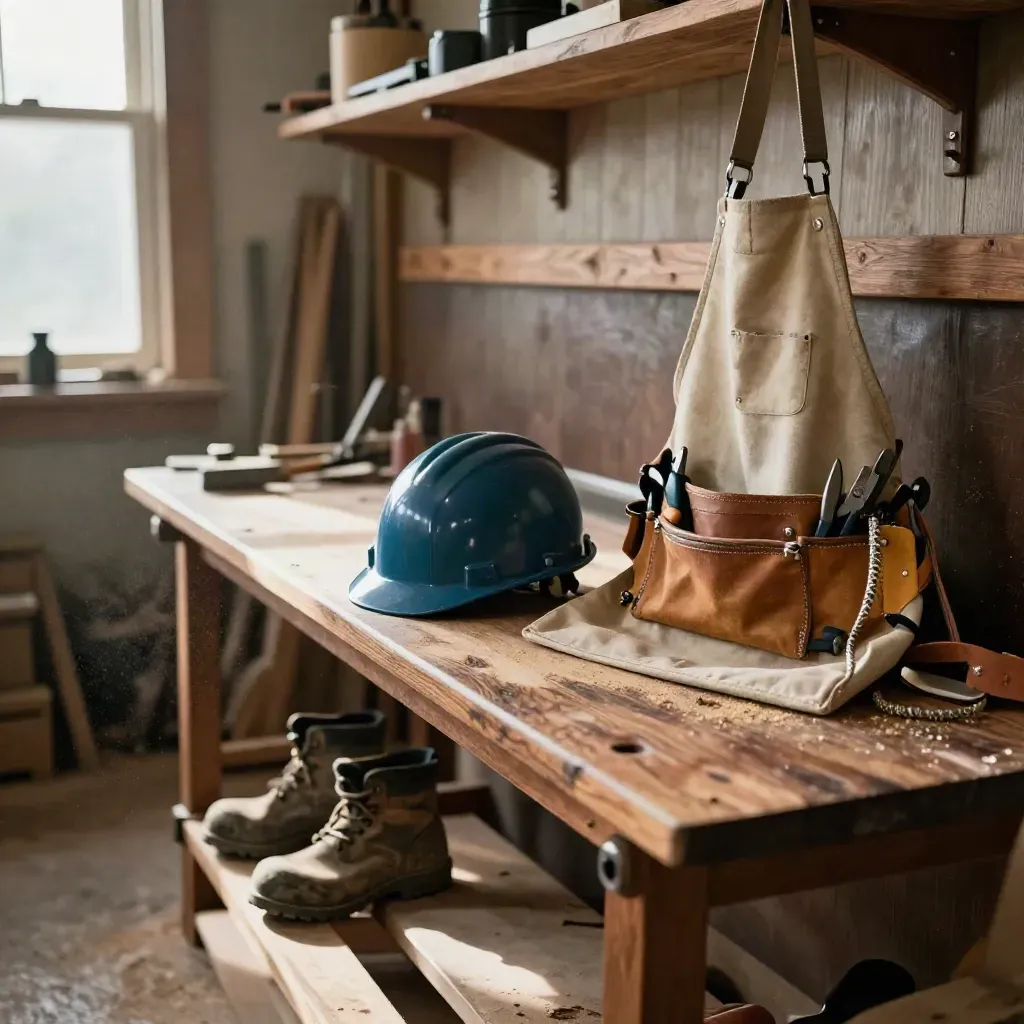 Établi d’atelier avec bottes, casque bleu océan et tablier d’outils dans une lumière chaude.