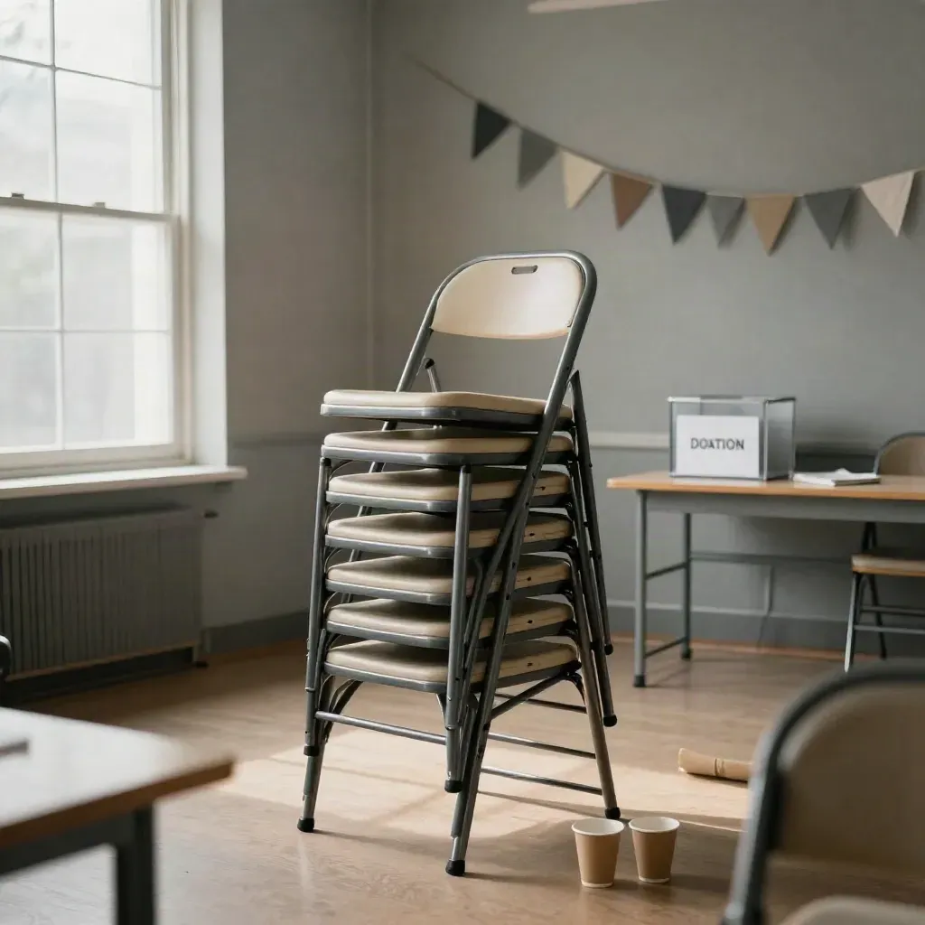 Salle associative prête pour une réunion, chaises empilées, urne et fanions.