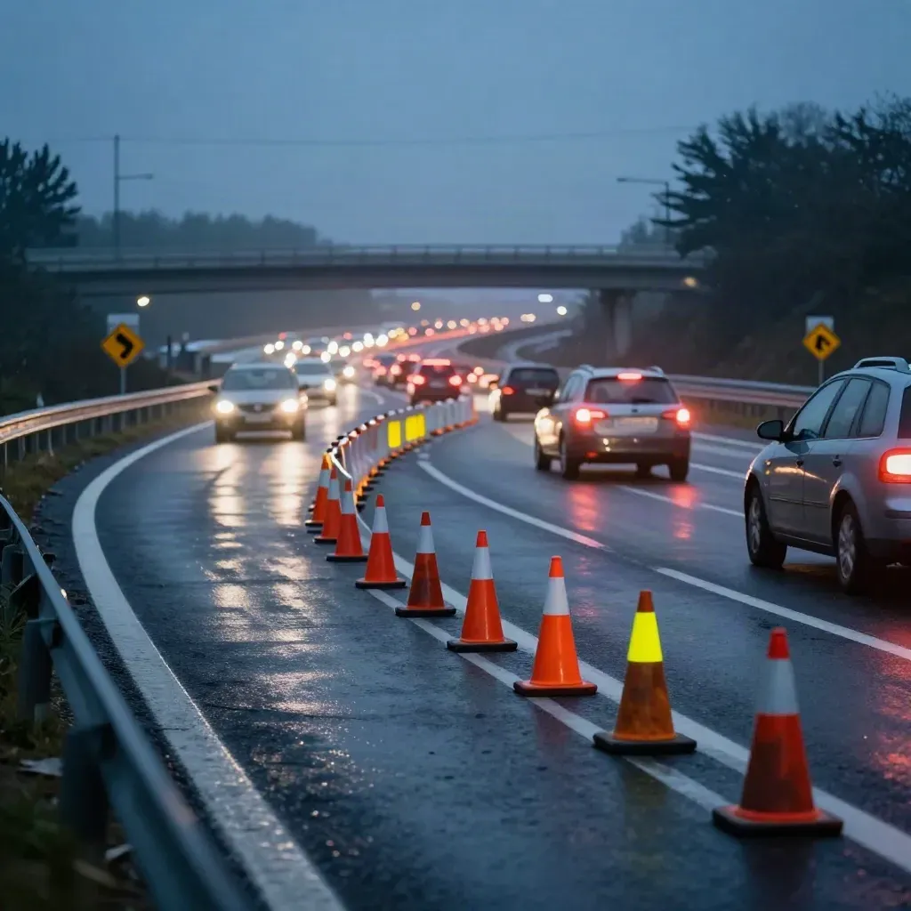 Échangeur routier à l’aube bleue, cônes orange, chaussée mouillée et spray léger dans la courbe.
