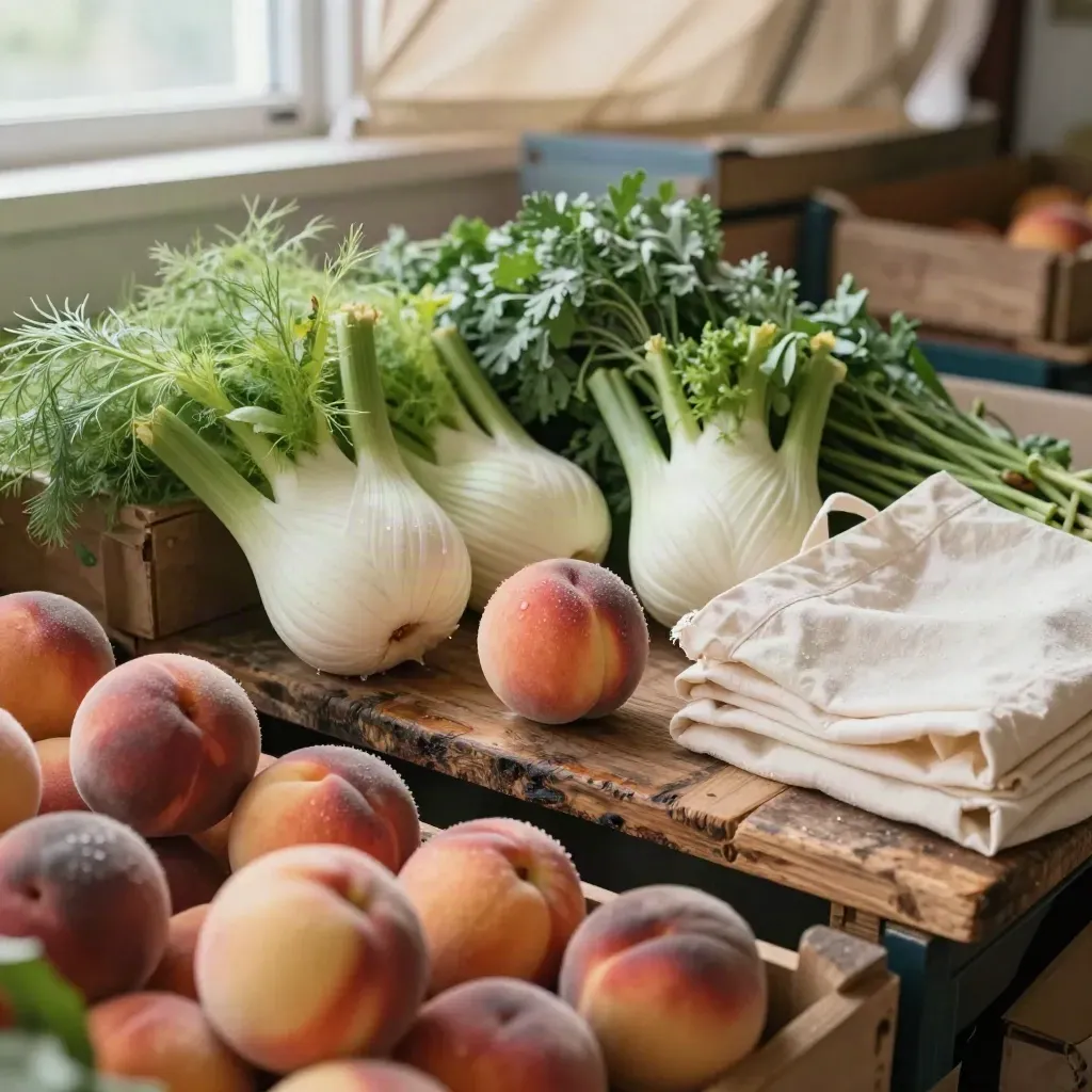 Étal de marché avec pêches, fenouil, herbes et sacs en toile au lever du jour.