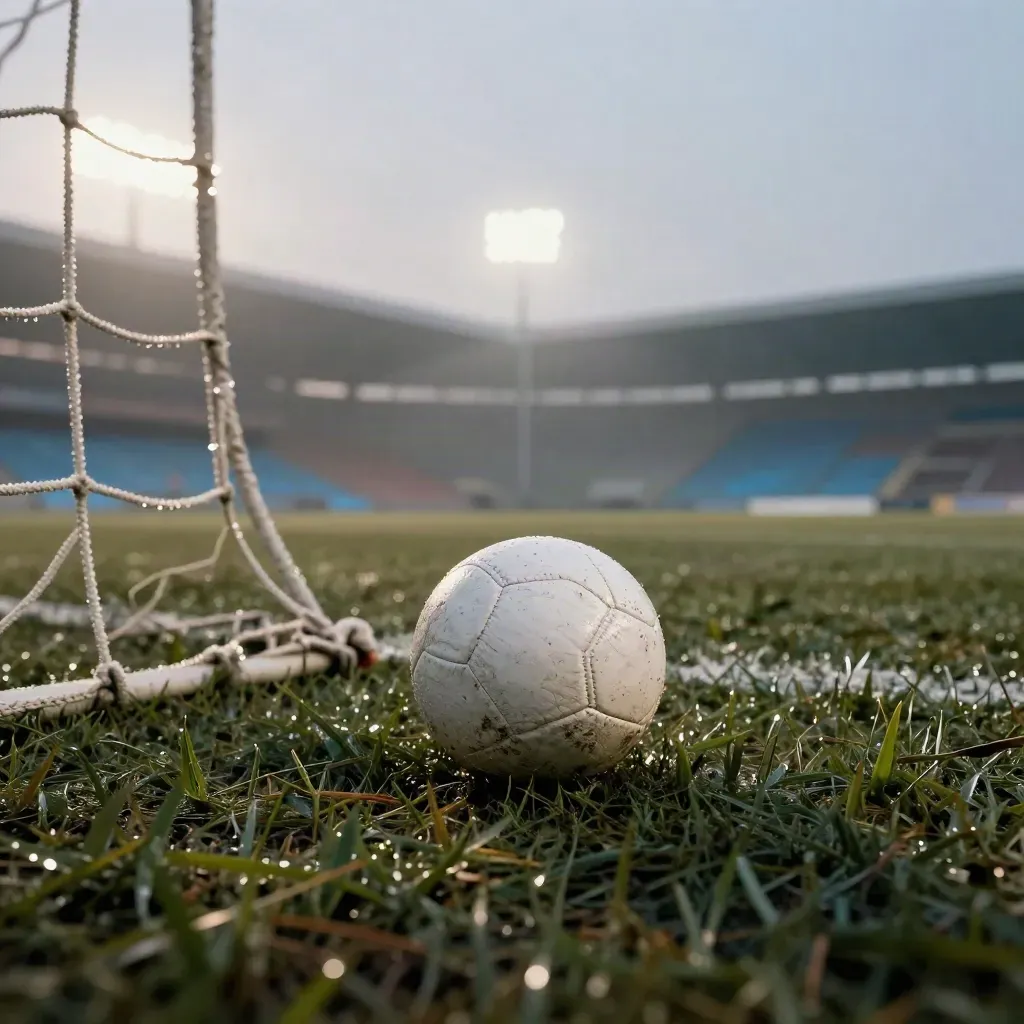 Ballon de match seul près d’un but mouillé, sous la brume et les lumières du stade.