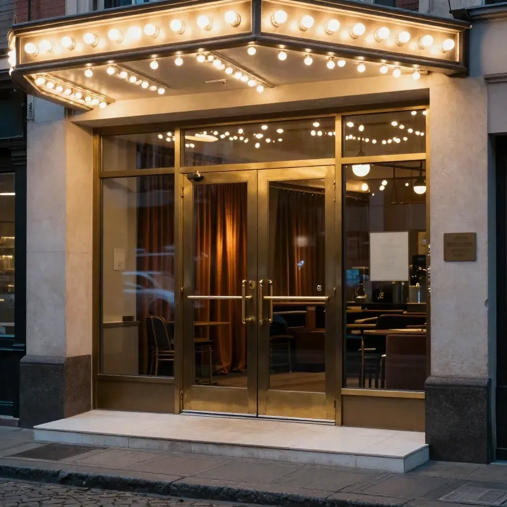 Façade de cinéma au crépuscule, ampoules allumées et rideaux visibles derrière les portes vitrées.