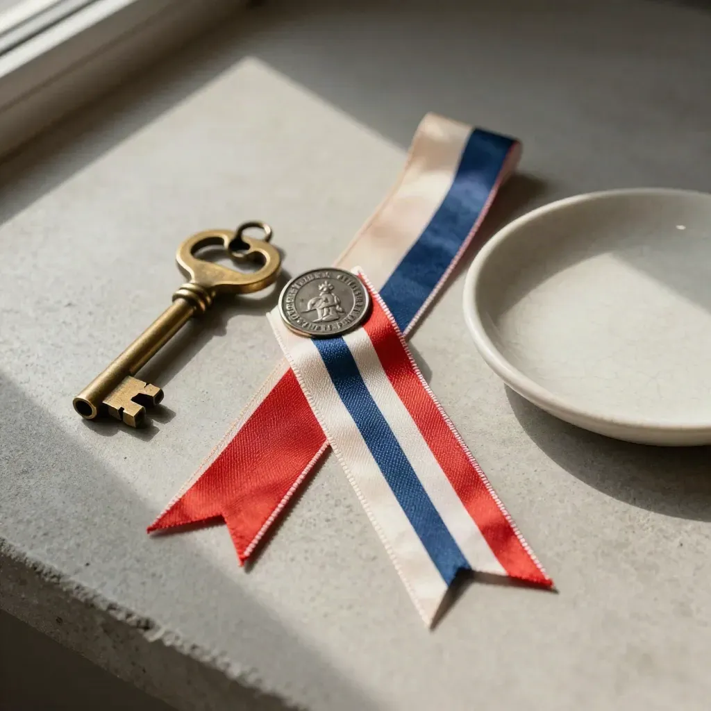 Clés de vote, sceau municipal, ruban tricolore et coupelle en céramique sur béton clair.