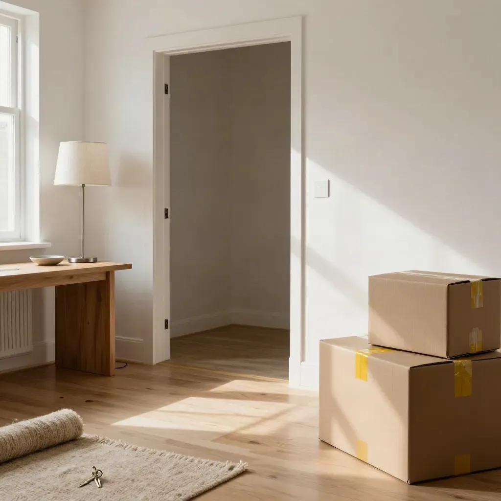 Coin d’appartement prêt à emménager, clés, tapis roulé, lampadaire et cartons près d’une table.