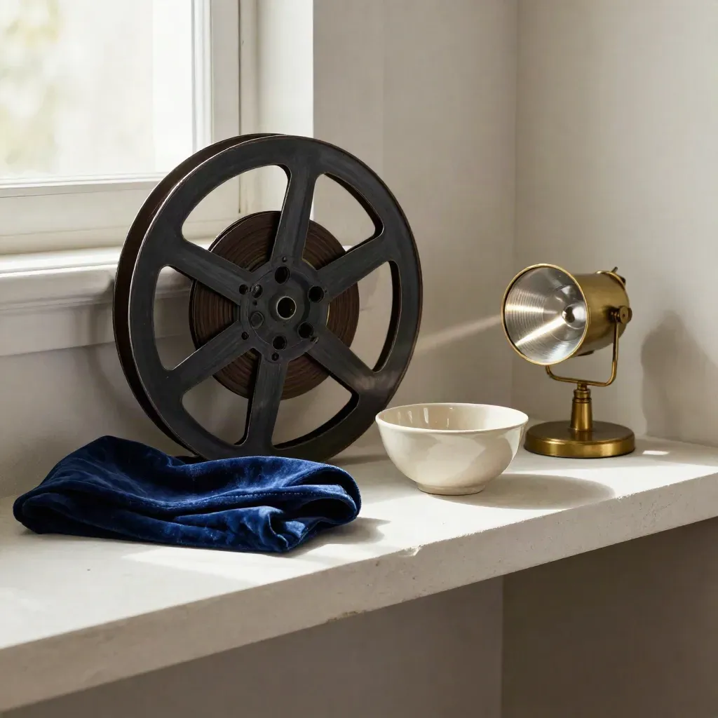Bobine de film, tissu bleu velours, bol en céramique et spot miniature sur étagère.