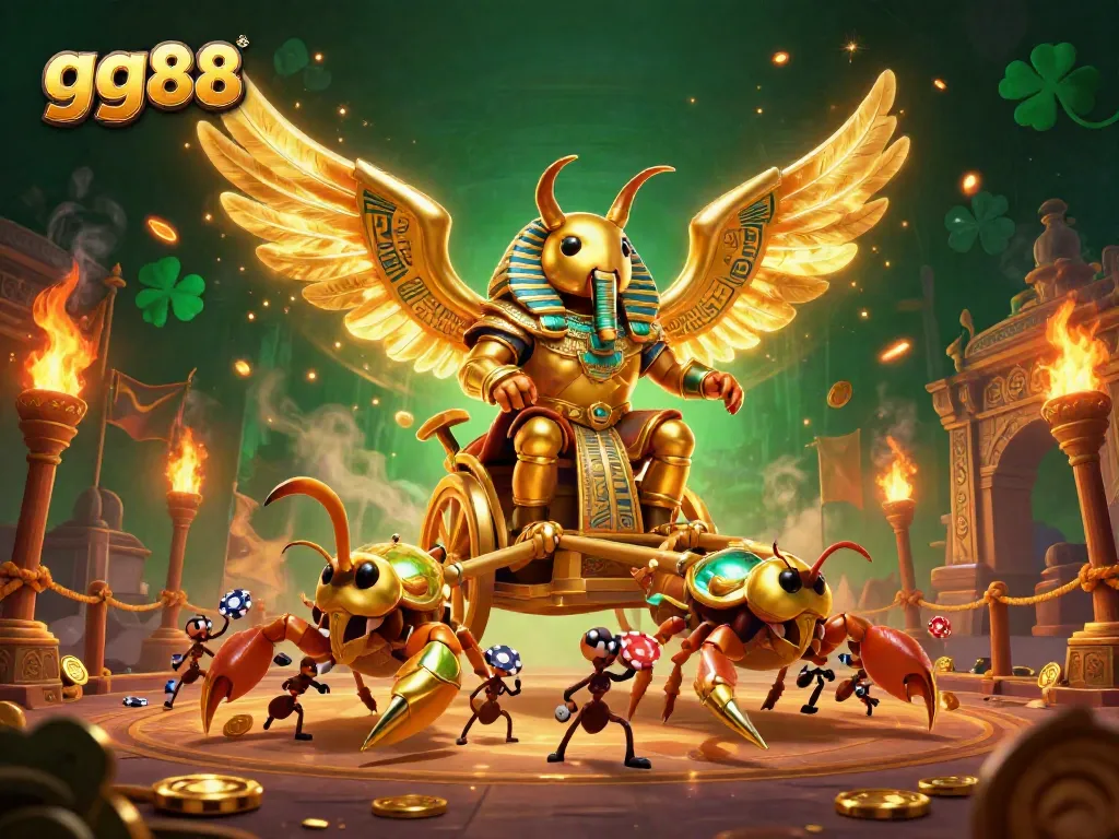 Engage in thrilling gaming with GG88, featuring a golden scarab and scorpions in a vibrant casino scene.