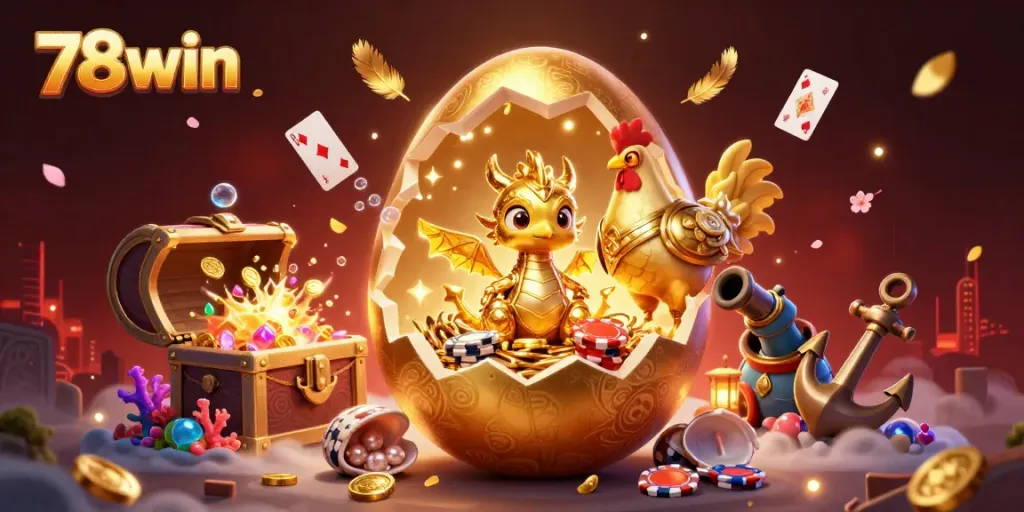 Engage with 78win, featuring a majestic golden baby dragon amidst poker chips and treasures in an enchanting scene.