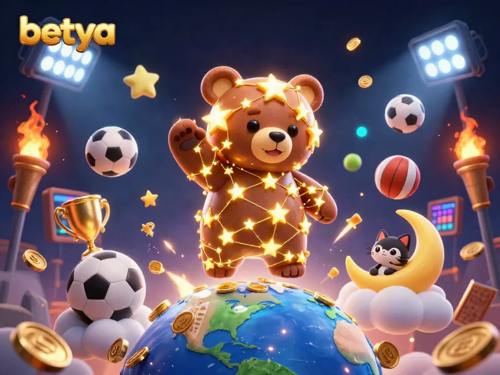 Betya offers dynamic sports betting excitement with gold coins and sports balls in a vibrant scene.