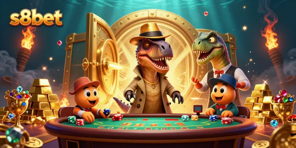 Experience exciting gaming with s8bet's 3D cartoon velociraptor at a casino table.