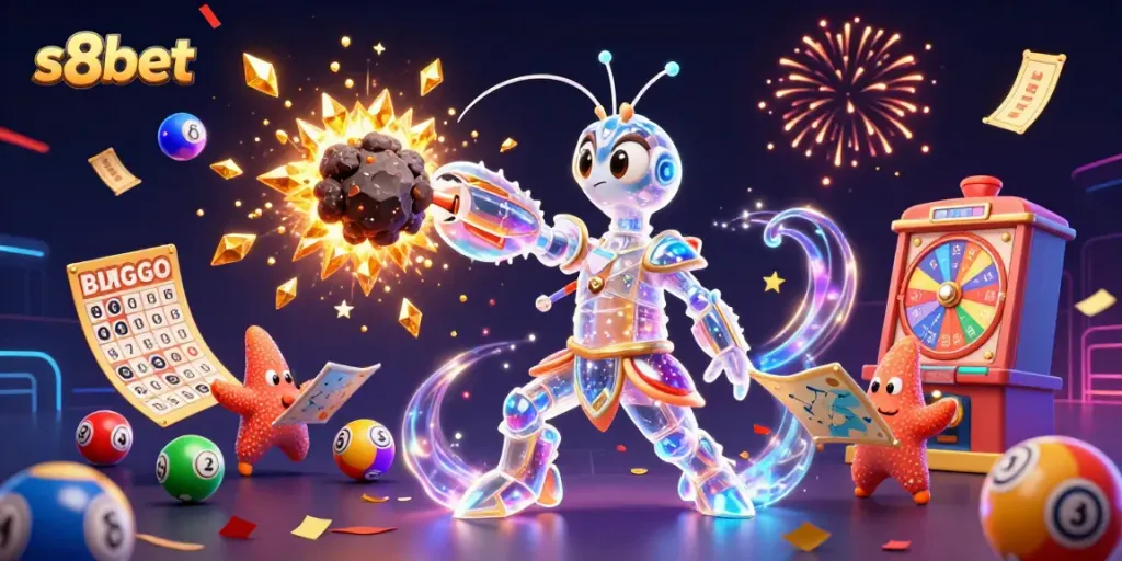 Experience the thrill of winning with s8bet as a galactic mantis shrimp navigates through cosmic treasures and vibrant gaming elements.