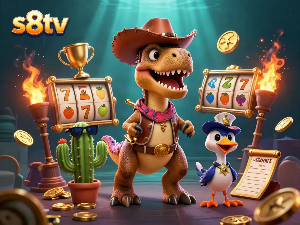 Experience thrilling jackpots with s8tv's cartoon dinosaur engaging in vibrant slot games.