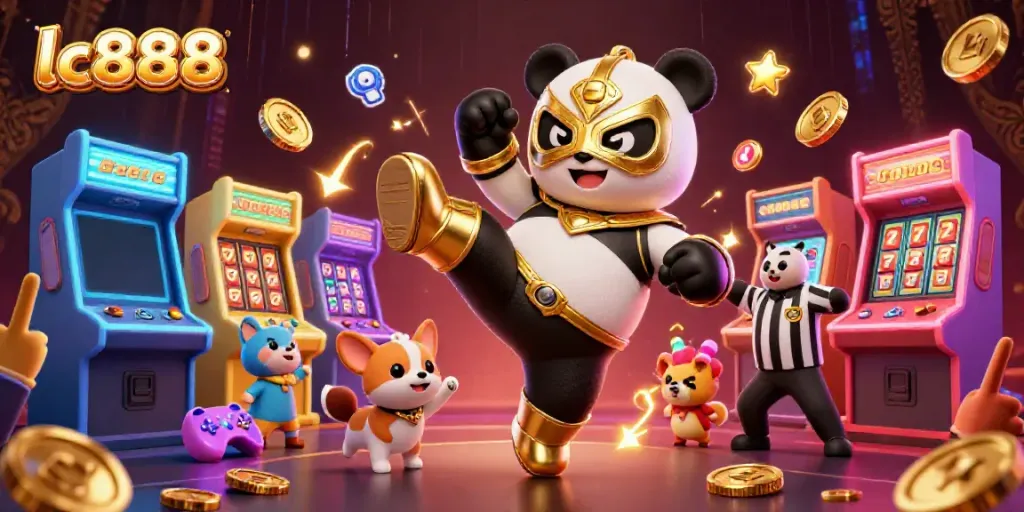 Experience the excitement at lc888 with vibrant casino elements and cartoon characters in this illustration.