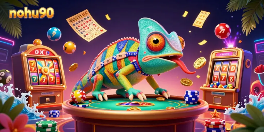 Engage in thrilling gameplay at nohu90 with vibrant casino elements and a lively chameleon owner.