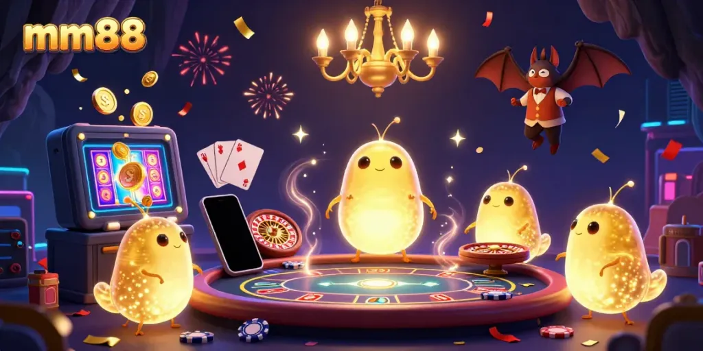 Experience the thrilling mm88 gaming environment with glowworms lighting up a cave casino.