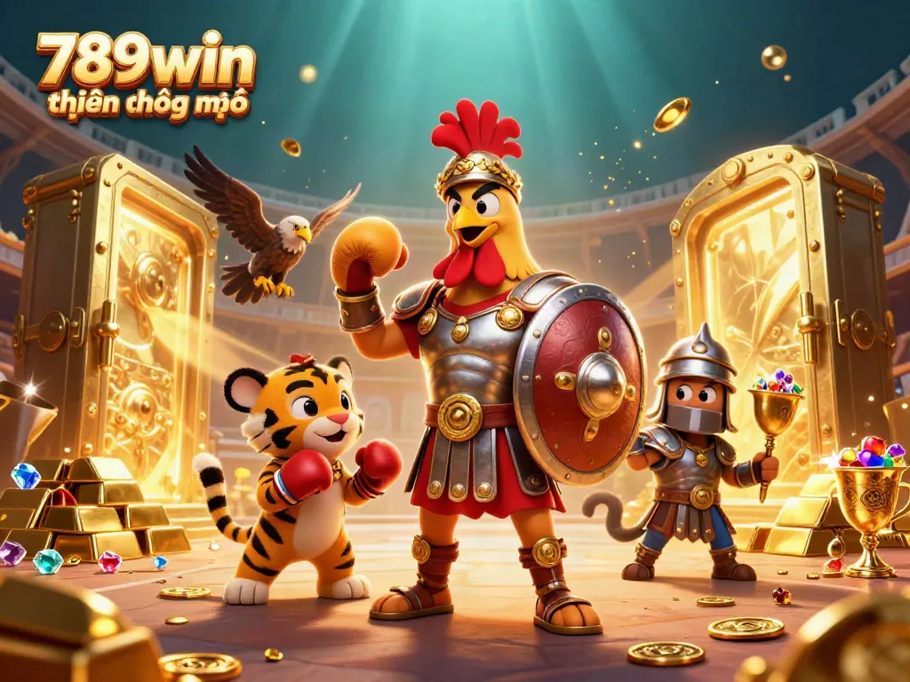 Experience the excitement of 789win hiện đang mở with heroic characters in a vibrant casino setting and treasure elements.