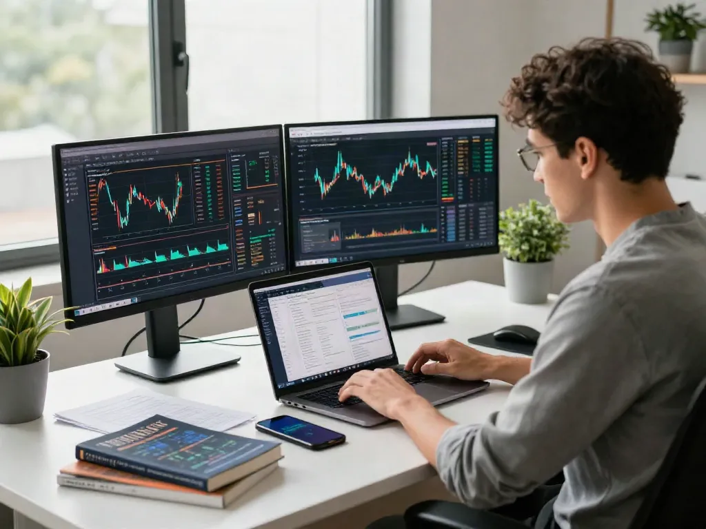 Couponeau - Une personne travaillant sur la plateforme de trading la-couponeau.com dans un bureau moderne, analysant des tendances du marché avec des graphiques.