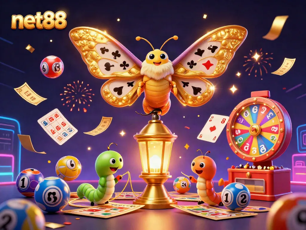 Experience the thrill of net88 with vibrant casino-themed elements and dynamic lottery action in this captivating illustration.