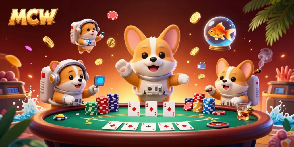 MCW casino scene illustrated with an astronaut corgi and vibrant game elements floating around